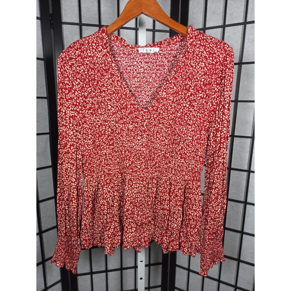THML Cottagecore Smocked Peplum Boho Abstract Button Blouses Large Women